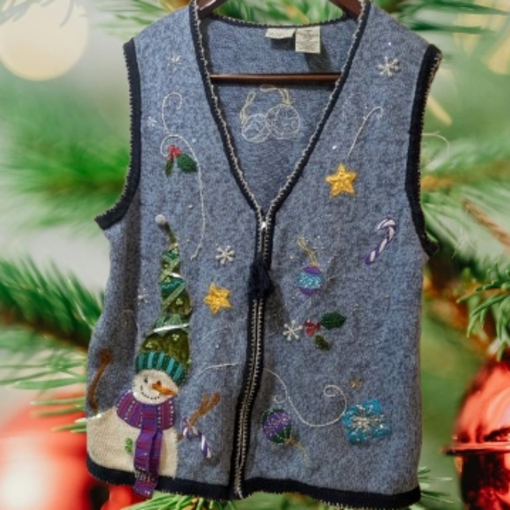 Vintage White Stag Grandmacore Embroidery Vest UglyHolidaySweater ZipUp 16W